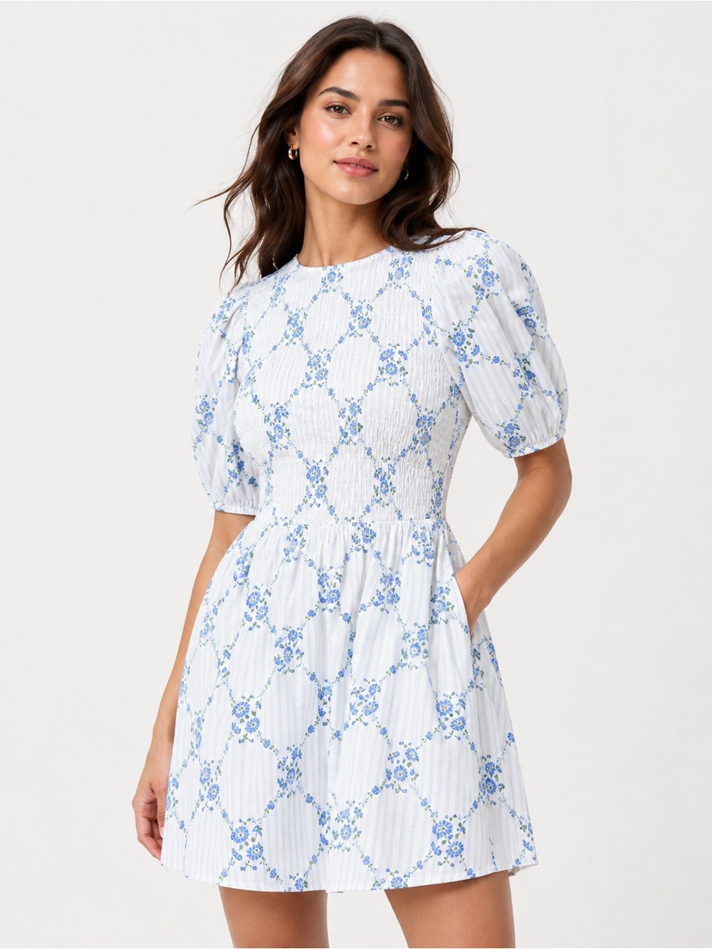 Old Navy White/Blue Floral Smocked Puff-Sleeve Flare Mini Dress